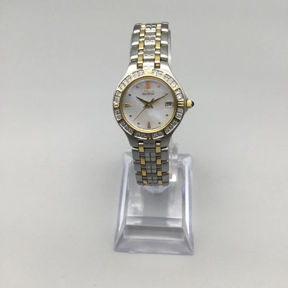 Citizen Eco-Drive Womens Watch 25mm White Dial Silver Gold Tone Diamond 6.25